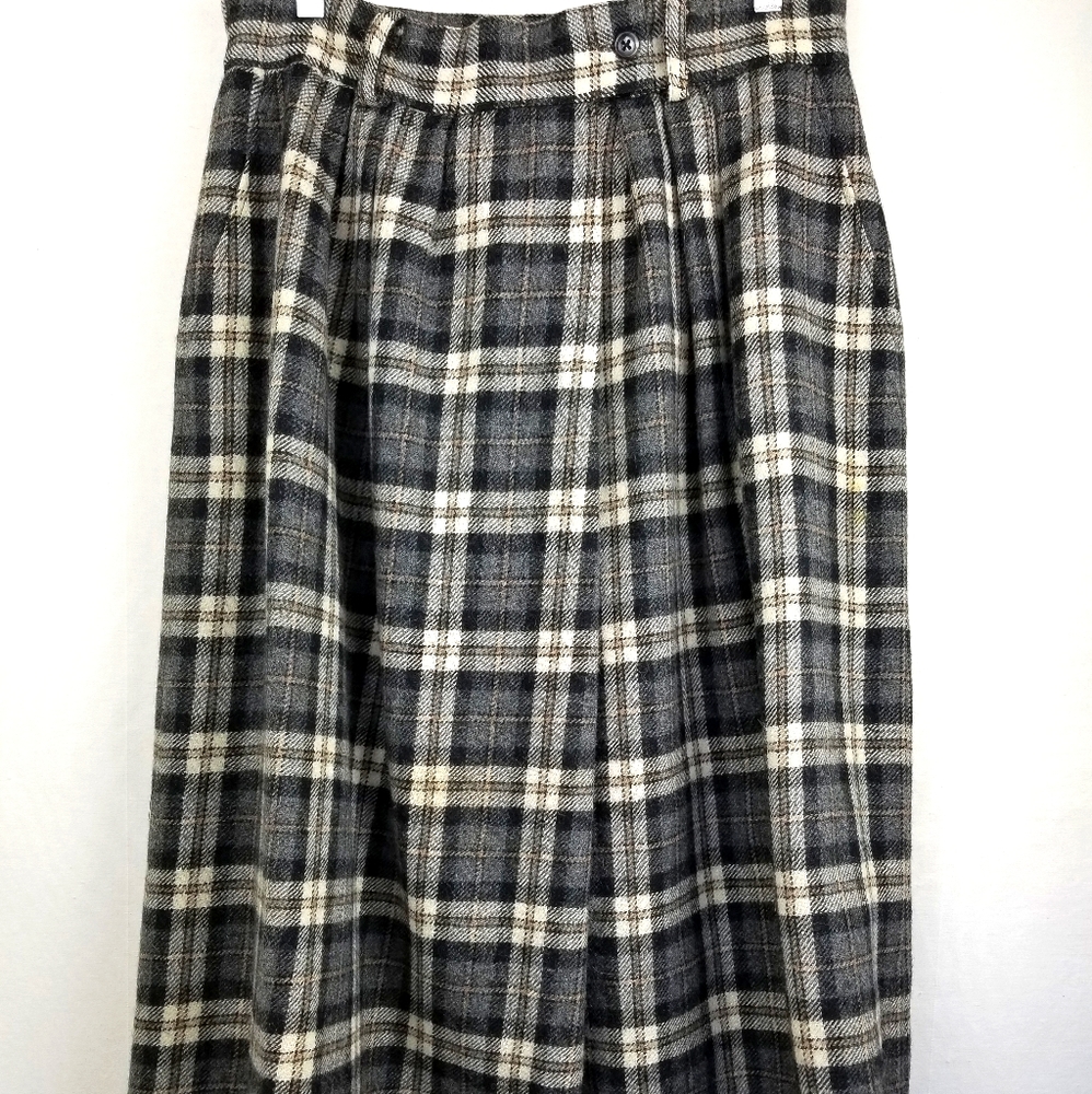 Vintage Ports International Midi Skirt Gray Plaid Alpaca Pleated Wool Size 14
